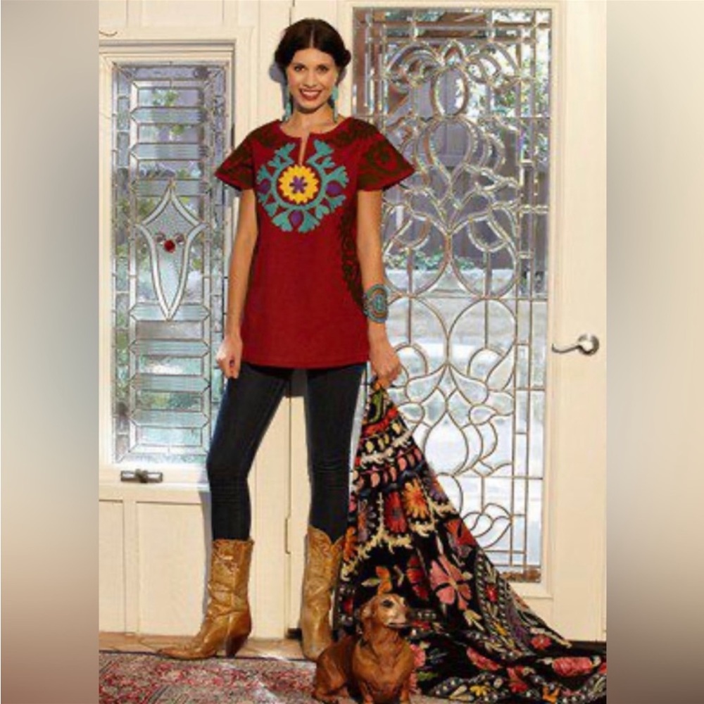 Ann Tobias Roja Collection Red Embroidered Boho Southwestern Tunic Top  NWT
